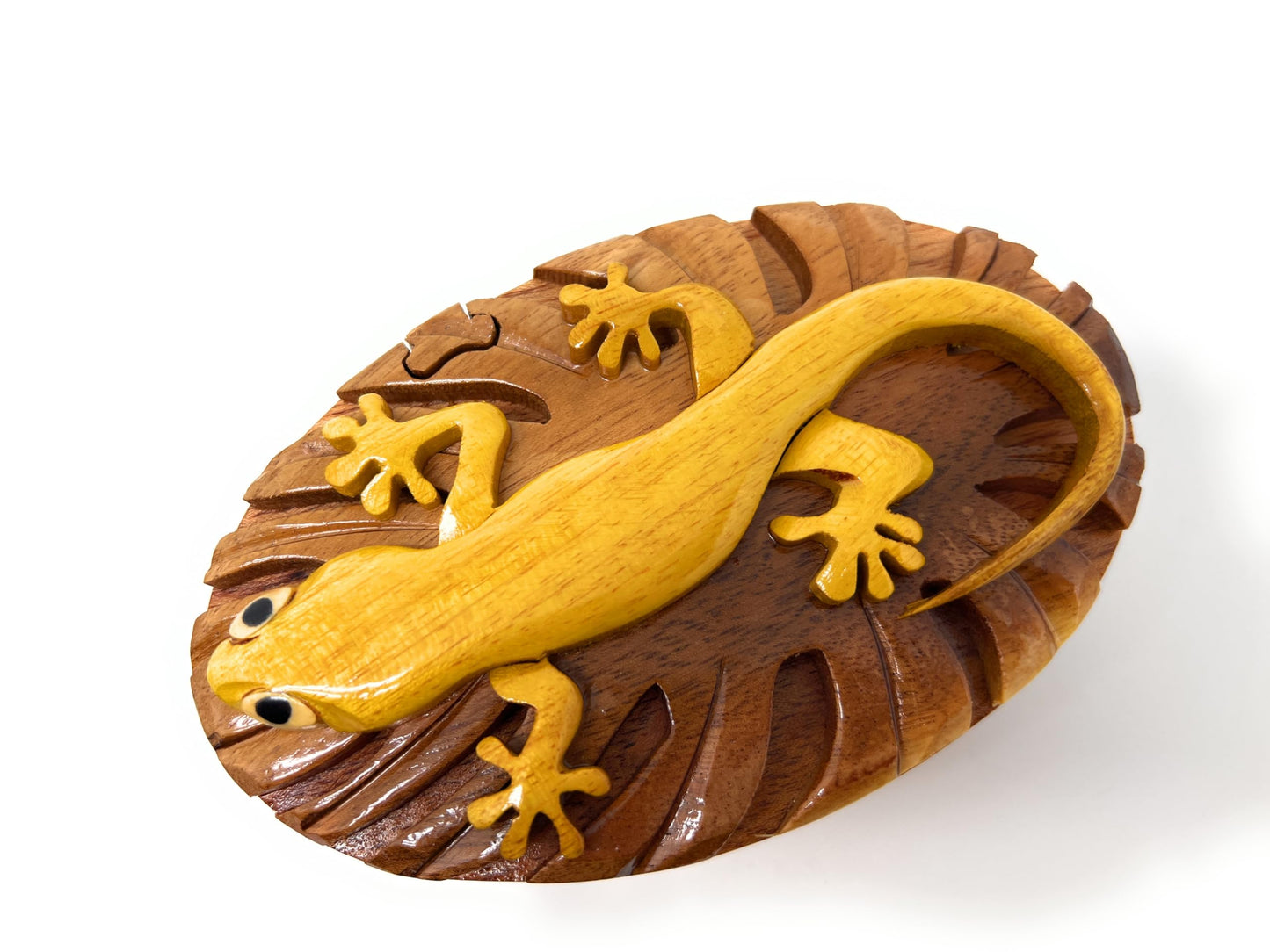 Gecko, All Natural Wood Puzzle Box, Handcrafted with Hidden Compartment and Key, Exotic Intarsia Wood Art
