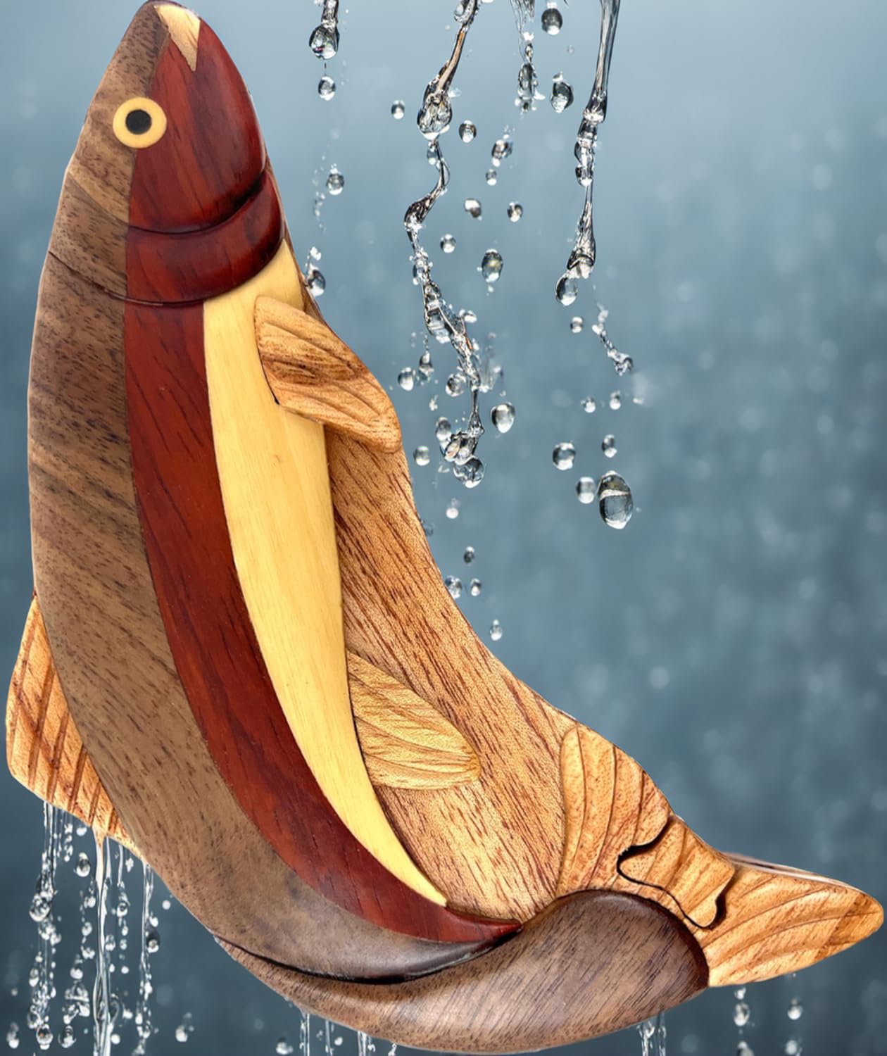 Handcrafted Rainbow Trout Wood Puzzle Box, All-Natural Wood Intarsia Art with Secret Compartment