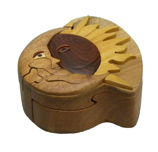 Sun & Moon, Handcrafted Wood Puzzle Box with Secret Compartment, All Natural Intarsia Wood Art