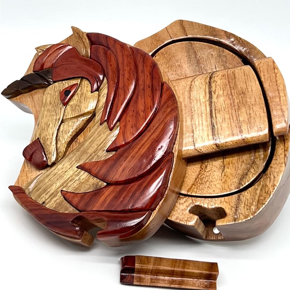 The Handcrafted Unicorn Puzzle Box with Wooden Lids, 3D Wooden Puzzle Toy, All-Natural Intarsia Wood Art