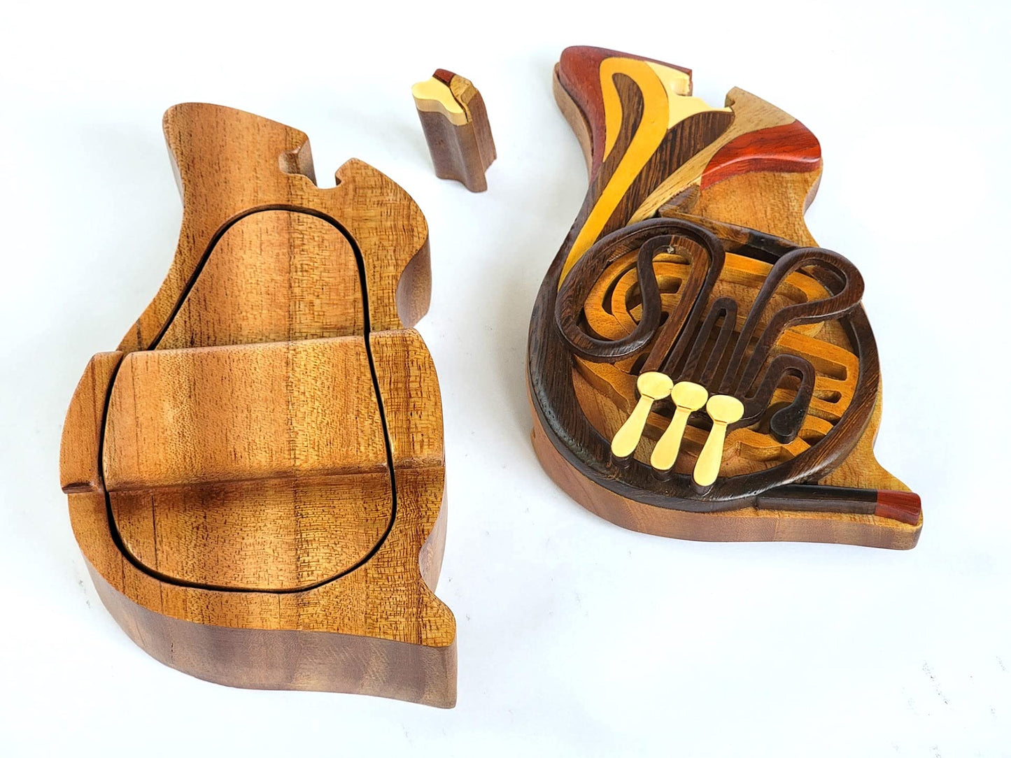 French Horn - Handcrafted Wooden Puzzle Box with Secret Compartment - All-Natural Intarsia Wood Art