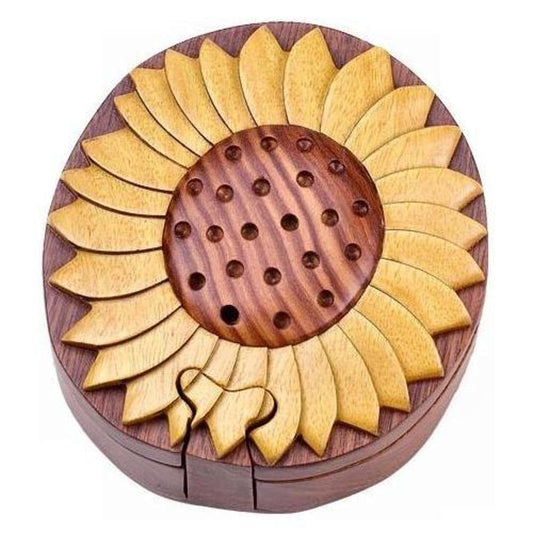 Sunflower - Natural Intarsia Wood Puzzle Box - Handcrafted with Secret Compartment