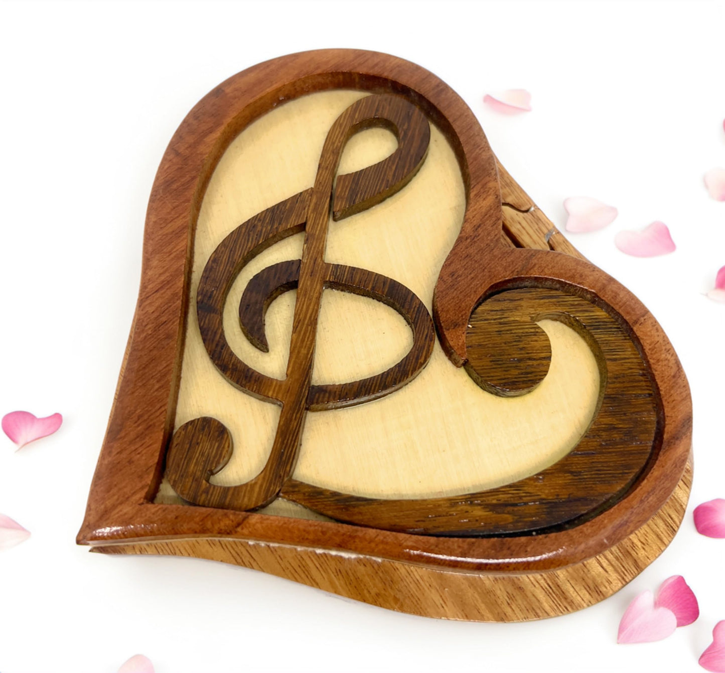Melodic Heart, Intarsia Wood Puzzle Box with Secret Compartment, Handcrafted from All-Natural Exotic Wood