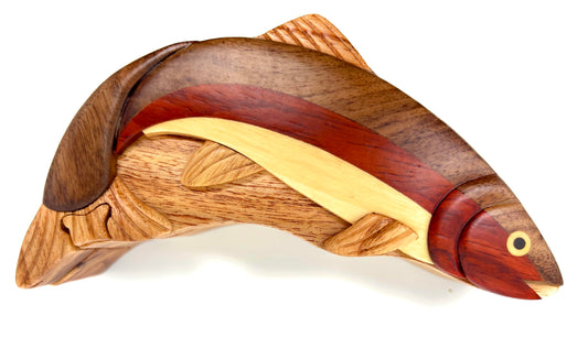 Handcrafted Rainbow Trout Wood Puzzle Box, All-Natural Wood Intarsia Art with Secret Compartment