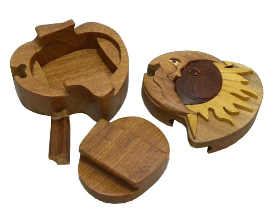 Sun & Moon, Handcrafted Wood Puzzle Box with Secret Compartment, All Natural Intarsia Wood Art