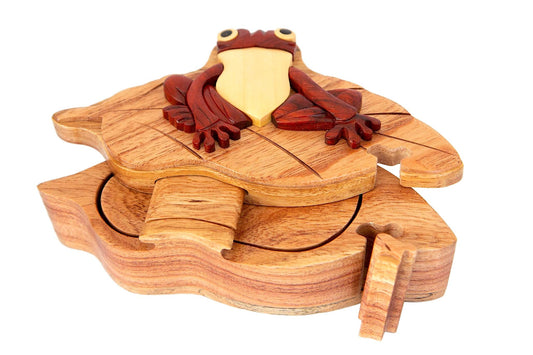 Frog on Lily pad - Handcrafted Wood Intarsia Puzzle Box with Secret Compartment