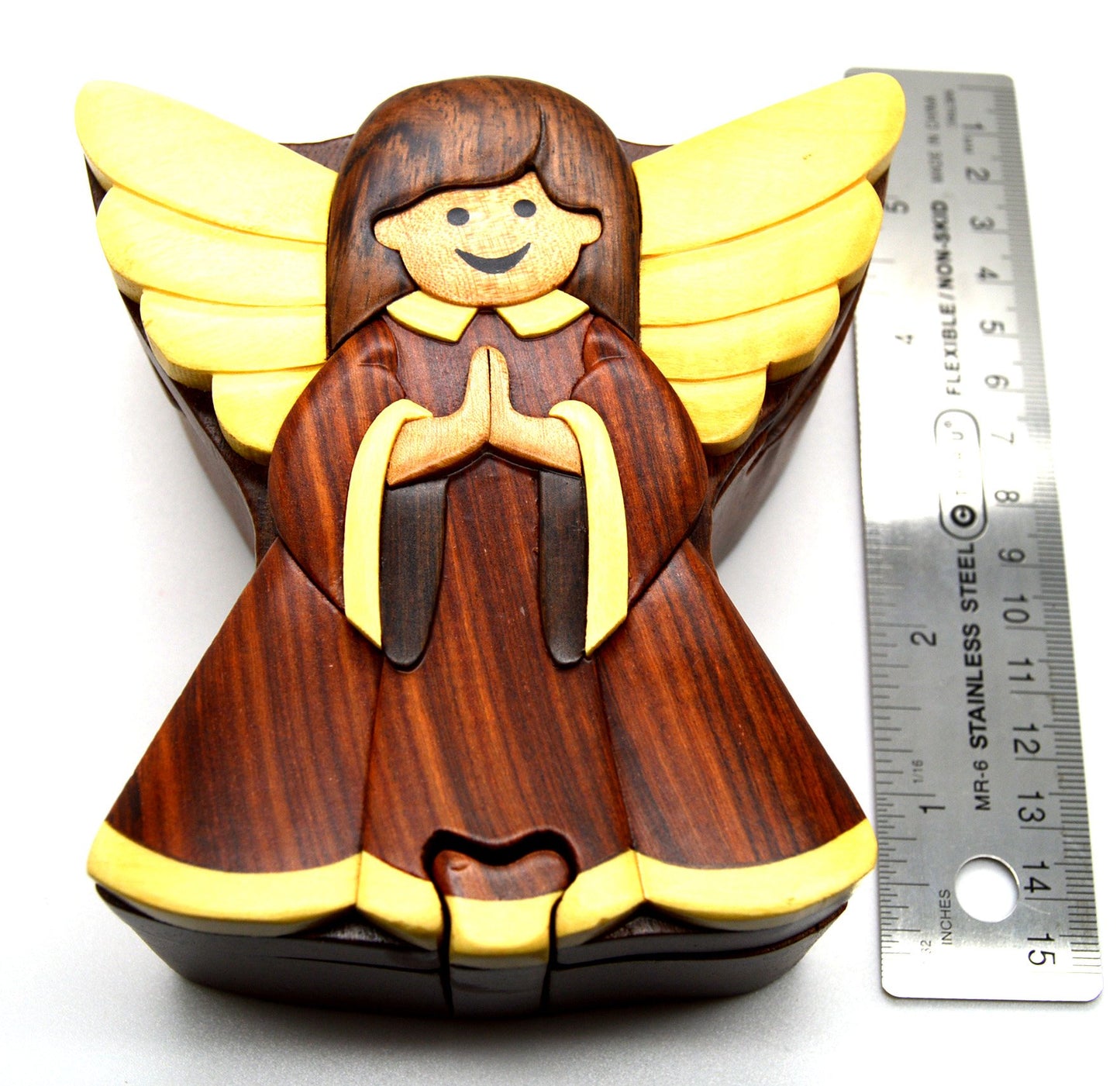 Angel Handmade Carved Wood Intarsia Puzzle Box
