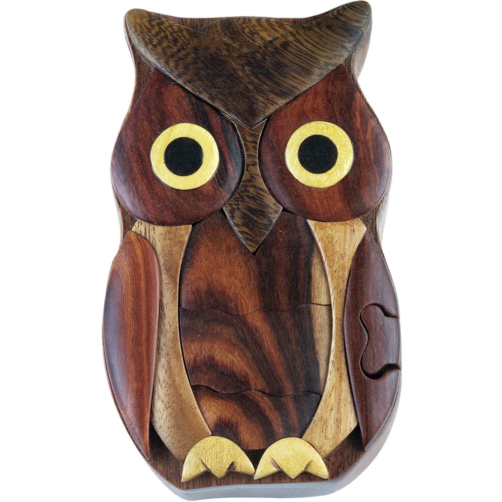 Owl, Handcrafted Wooden Puzzle Box- All-Natural Intarsia Wood Art