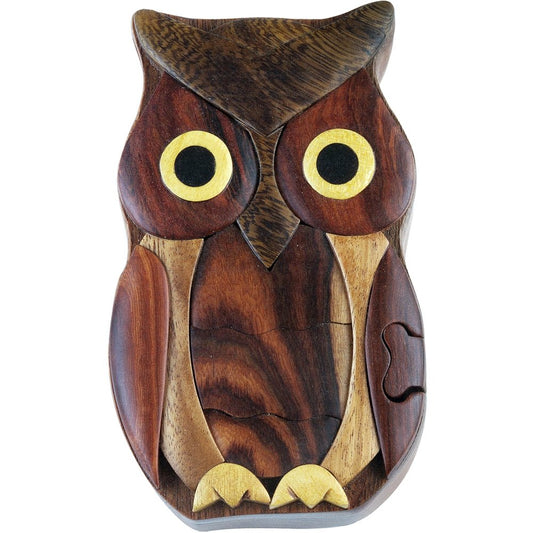 Owl, Handcrafted Intarsia Wood Puzzle Box - Secret Compartment Keepsake