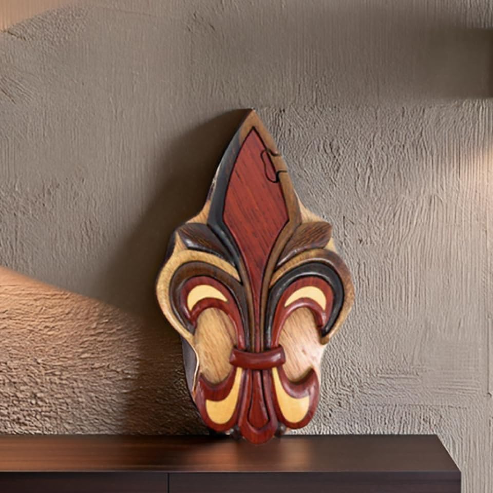 Fleur-de-Lis, All Natural Intarsia Wood Art, Handcrafted with Secret Compartment
