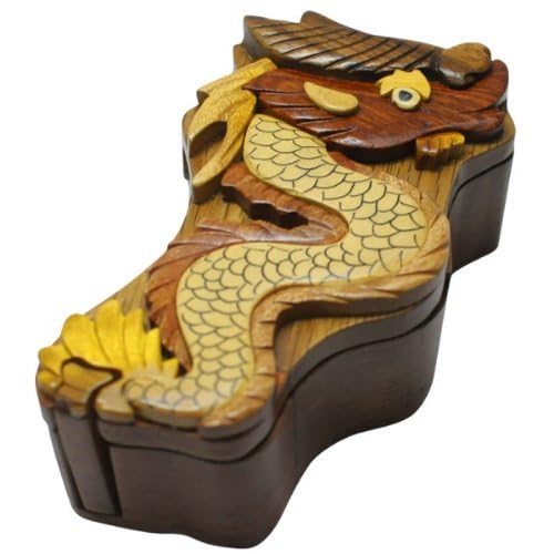 South Asia Trading Handmade Wooden Wood Intarsia Puzzle Dragon Puzzle Box (3077) - Hide Gift Cash