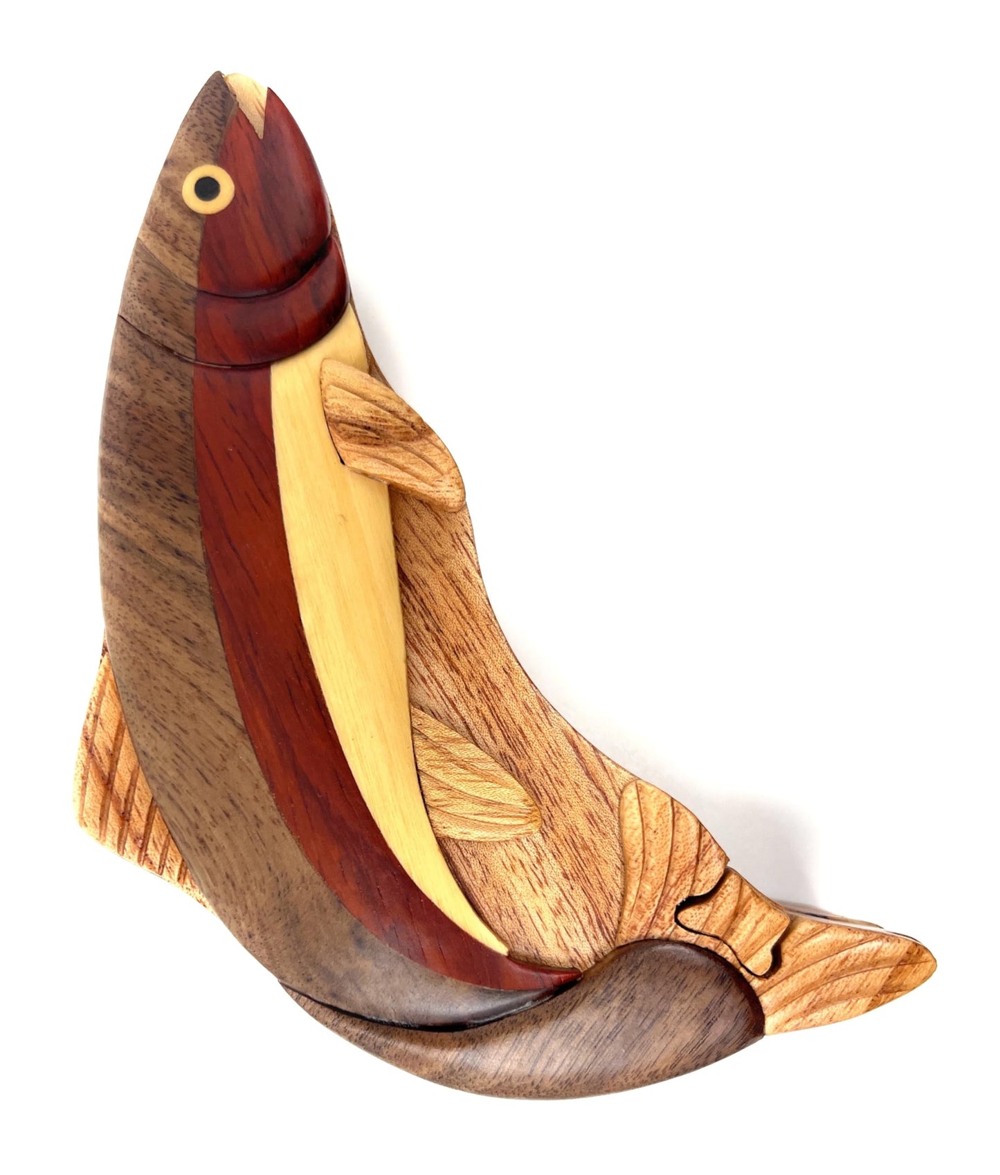 Handcrafted Rainbow Trout Wood Puzzle Box, All-Natural Wood Intarsia Art with Secret Compartment