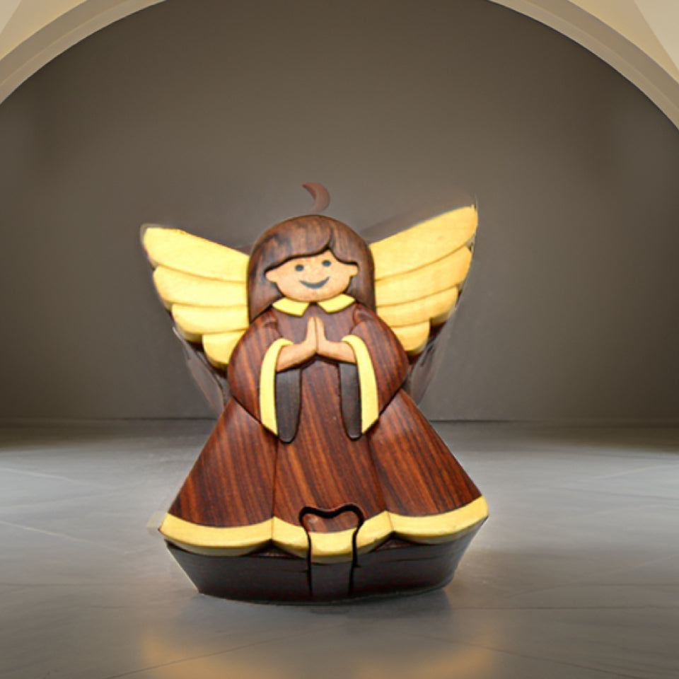 Angel Handmade Carved Wood Intarsia Puzzle Box