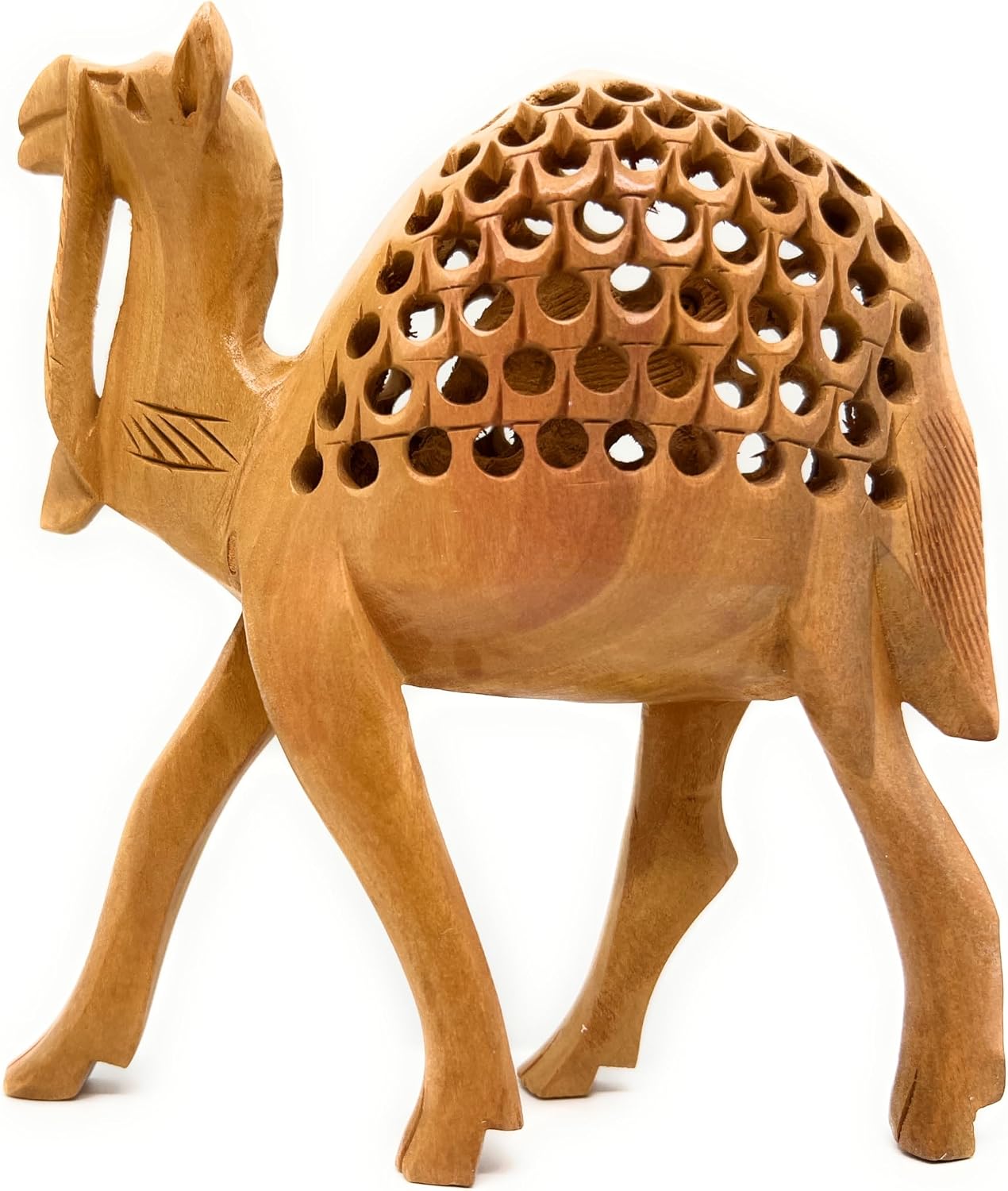 Hand‑Carved Cedar Wood Camel Figurine – Traditional Jali Cutwork with Undercut Detailing