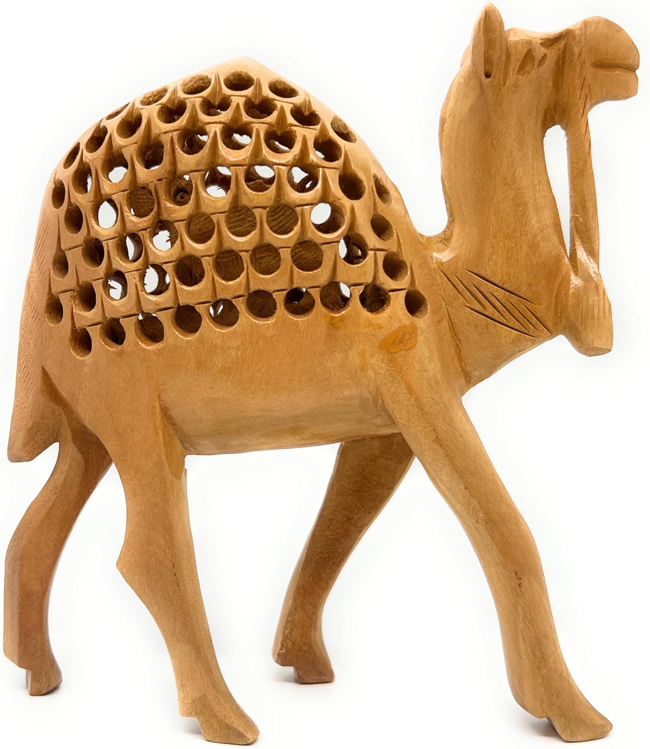 Hand‑Carved Cedar Wood Camel Figurine – Traditional Jali Cutwork with Undercut Detailing