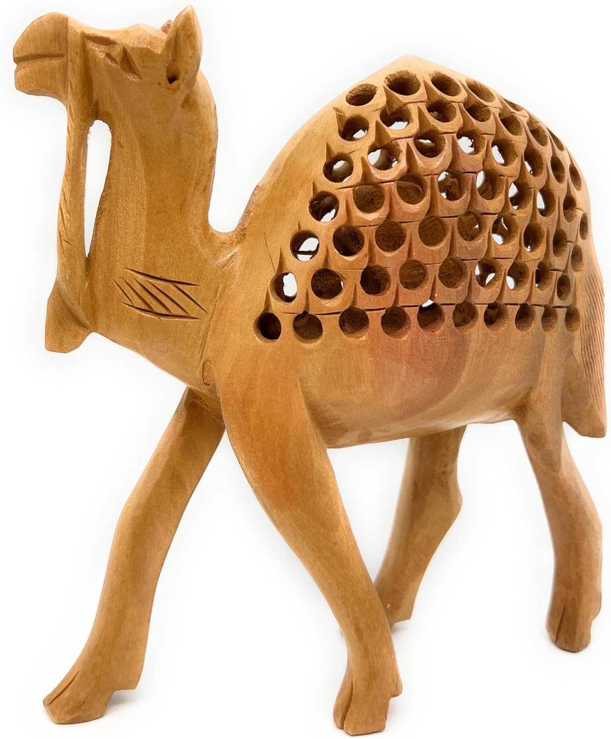 Hand‑Carved Cedar Wood Camel Figurine – Traditional Jali Cutwork with Undercut Detailing