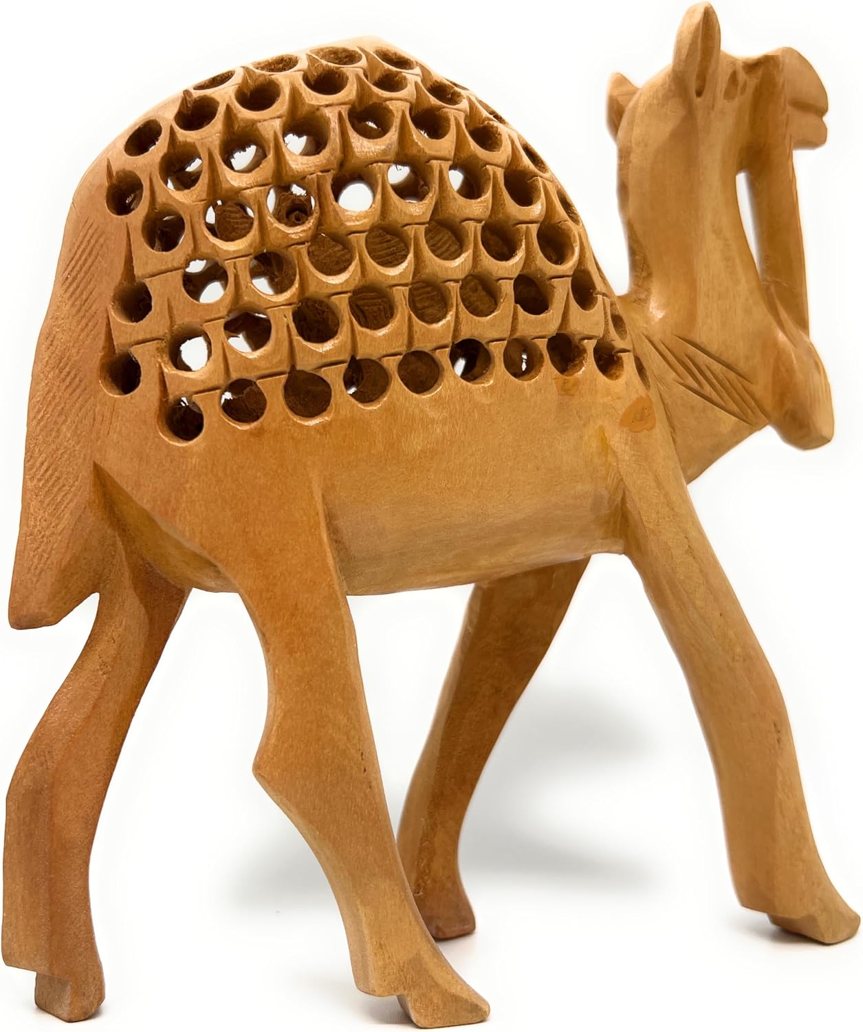 Hand‑Carved Cedar Wood Camel Figurine – Traditional Jali Cutwork with Undercut Detailing