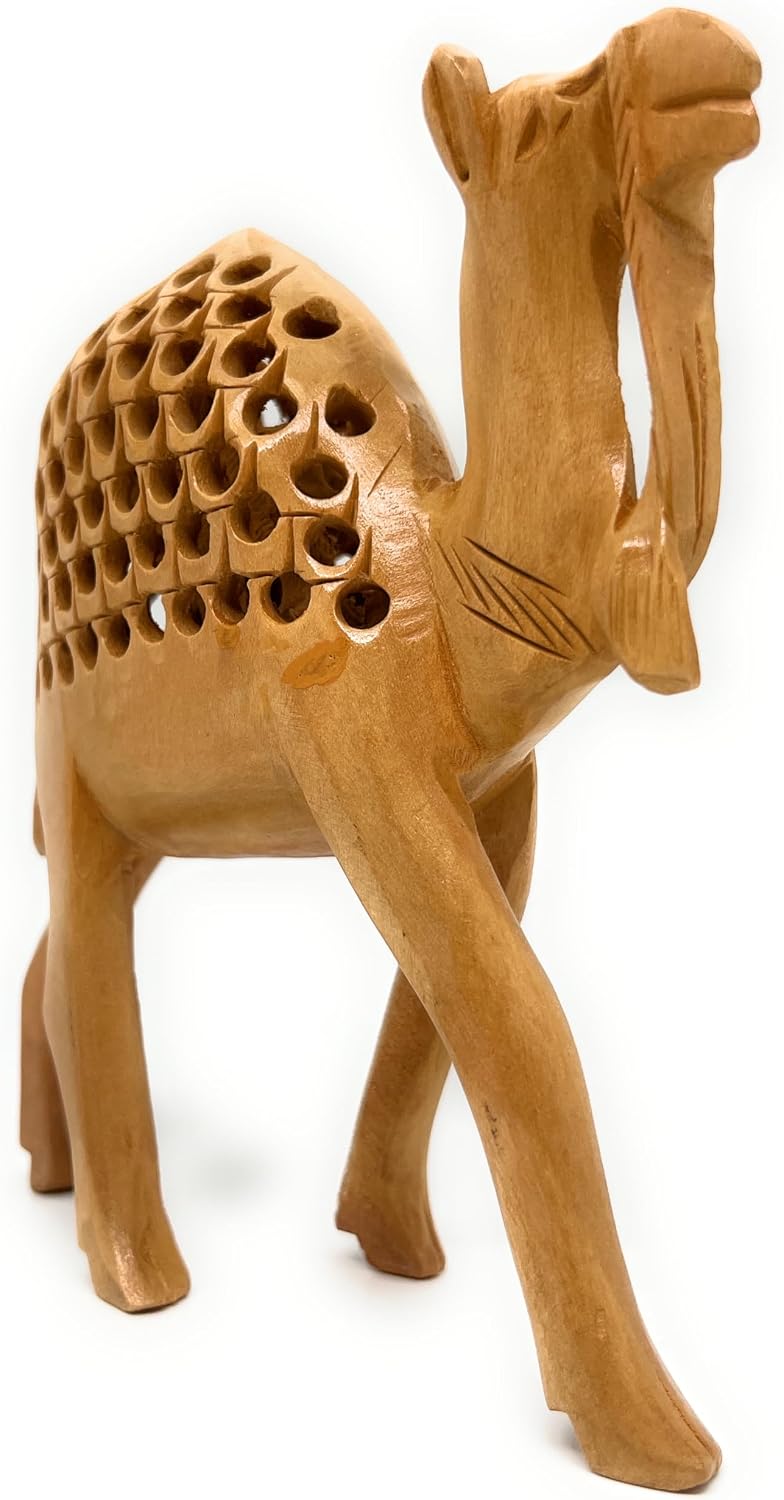 Hand‑Carved Cedar Wood Camel Figurine – Traditional Jali Cutwork with Undercut Detailing
