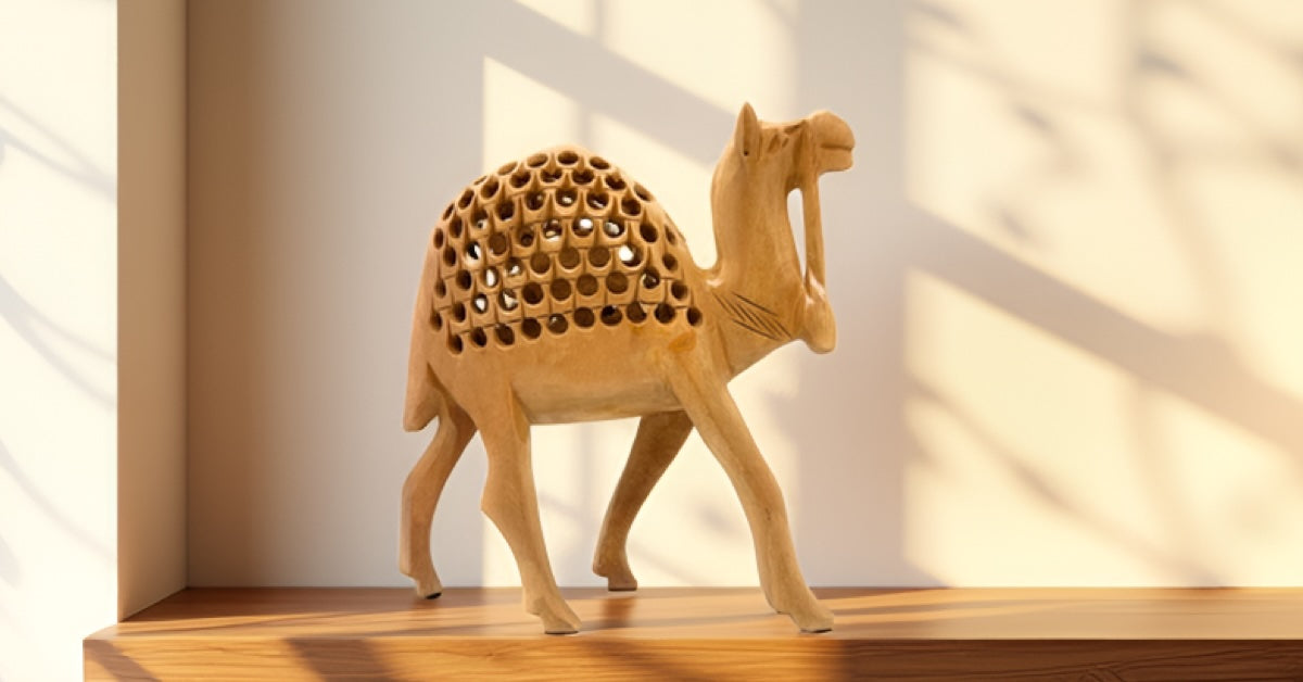 Hand‑Carved Cedar Wood Camel Figurine – Traditional Jali Cutwork with Undercut Detailing