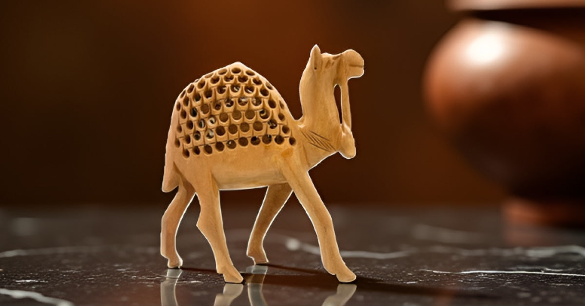 Hand‑Carved Cedar Wood Camel Figurine – Traditional Jali Cutwork with Undercut Detailing