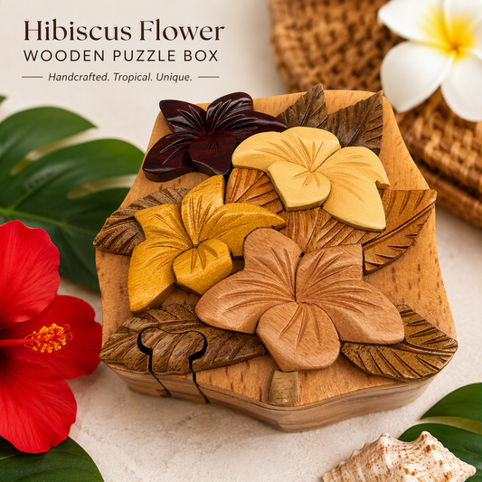 Hibiscus Flower, Handcrafted Wooden Puzzle Box, Secret Compartment Intarsia Wood Art