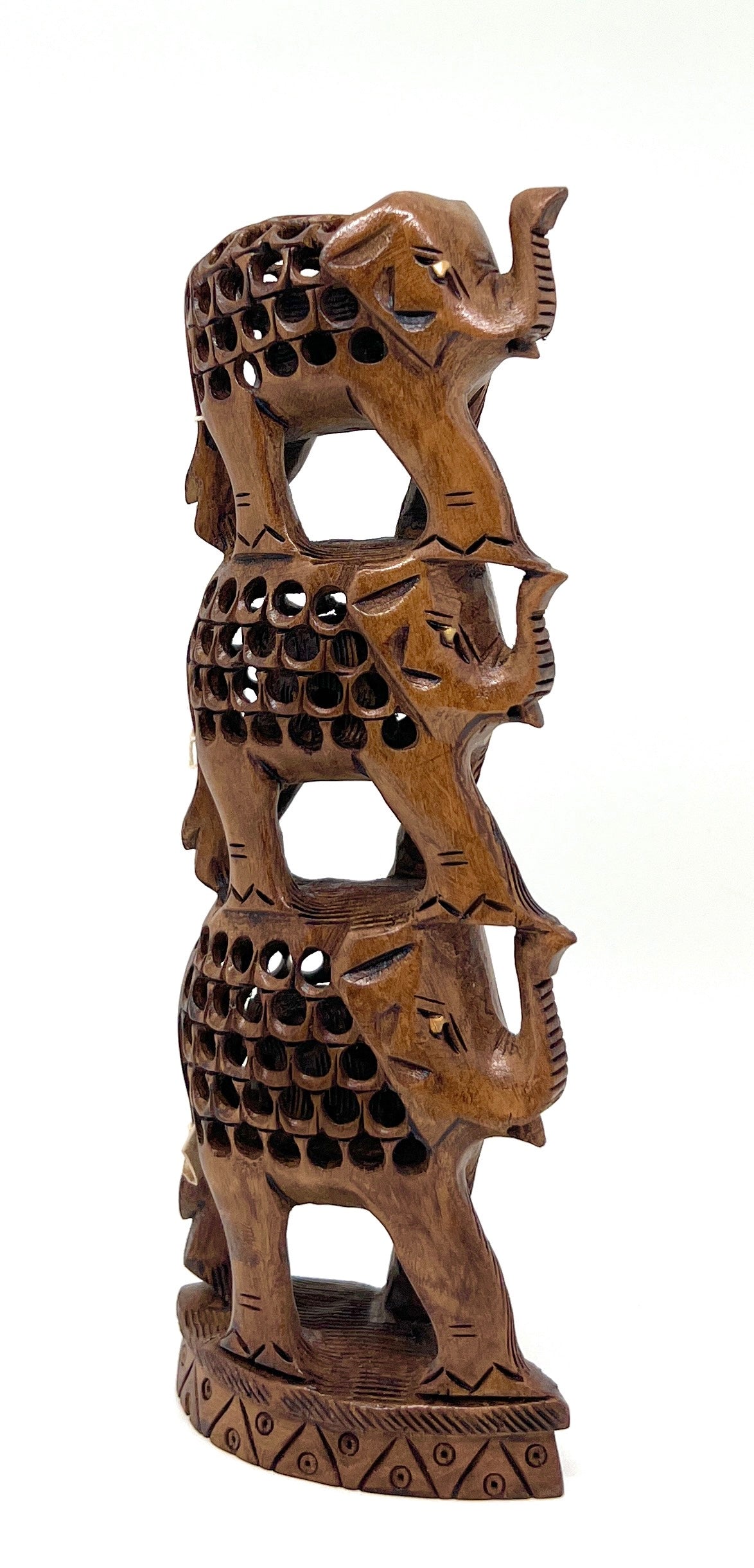 Hand‑Carved Wooden Elephant Tower – Jali Cutwork Sculpture, 6‑Inch Artisan Décor Piece