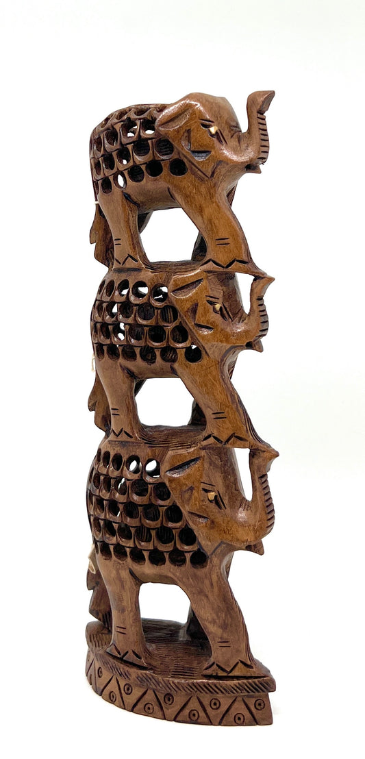 Hand‑Carved Wooden Elephant Tower – Jali Cutwork Sculpture, 6‑Inch Artisan Décor Piece