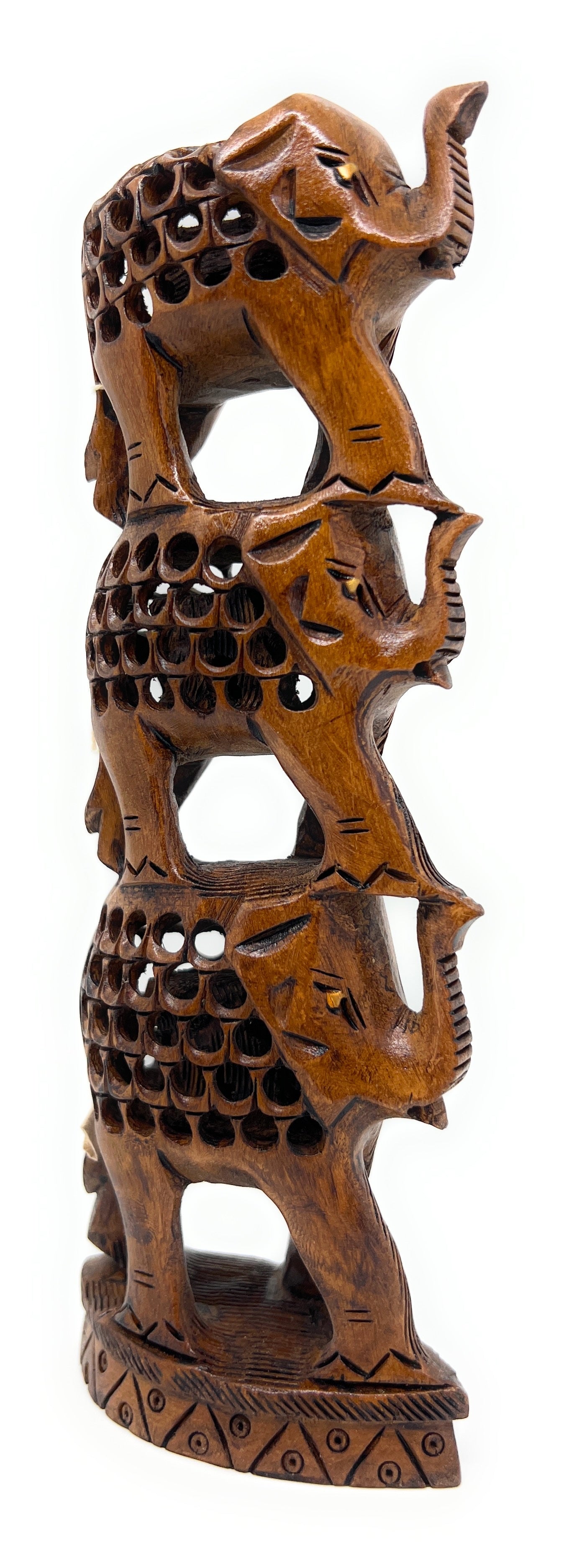 Hand‑Carved Wooden Elephant Tower – Jali Cutwork Sculpture, 6‑Inch Artisan Décor Piece