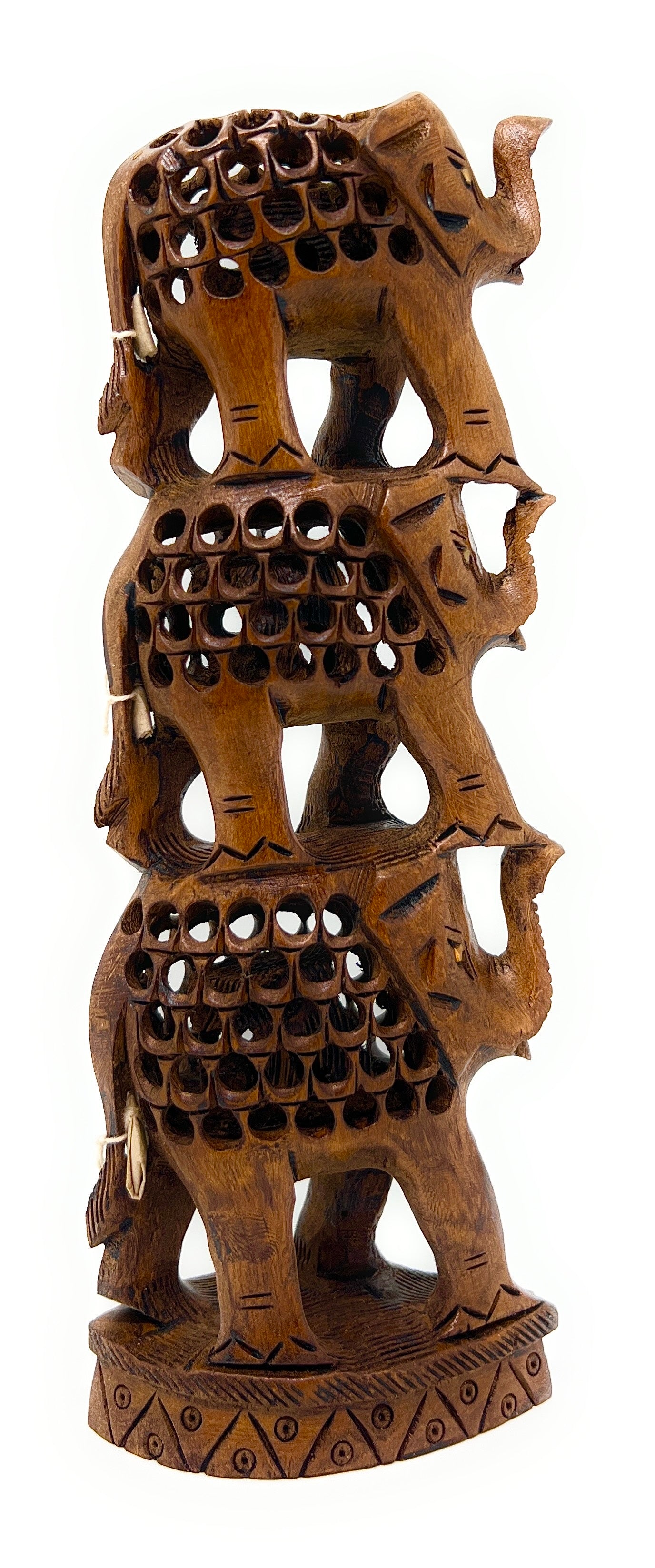 Hand‑Carved Wooden Elephant Tower – Jali Cutwork Sculpture, 6‑Inch Artisan Décor Piece