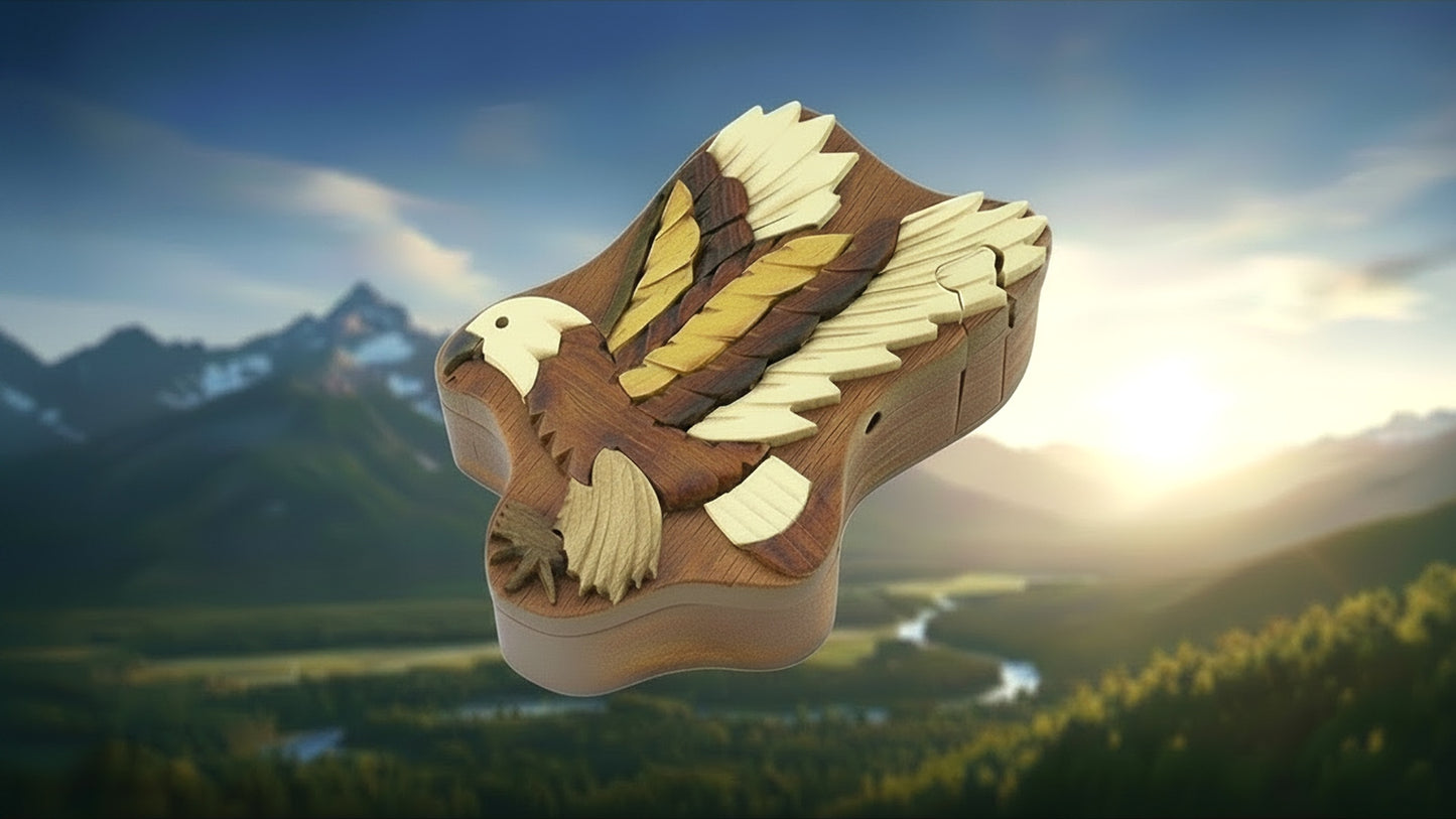 Flying Eagle, Natural Wood Intarsia Puzzle Box with Secret Compartment