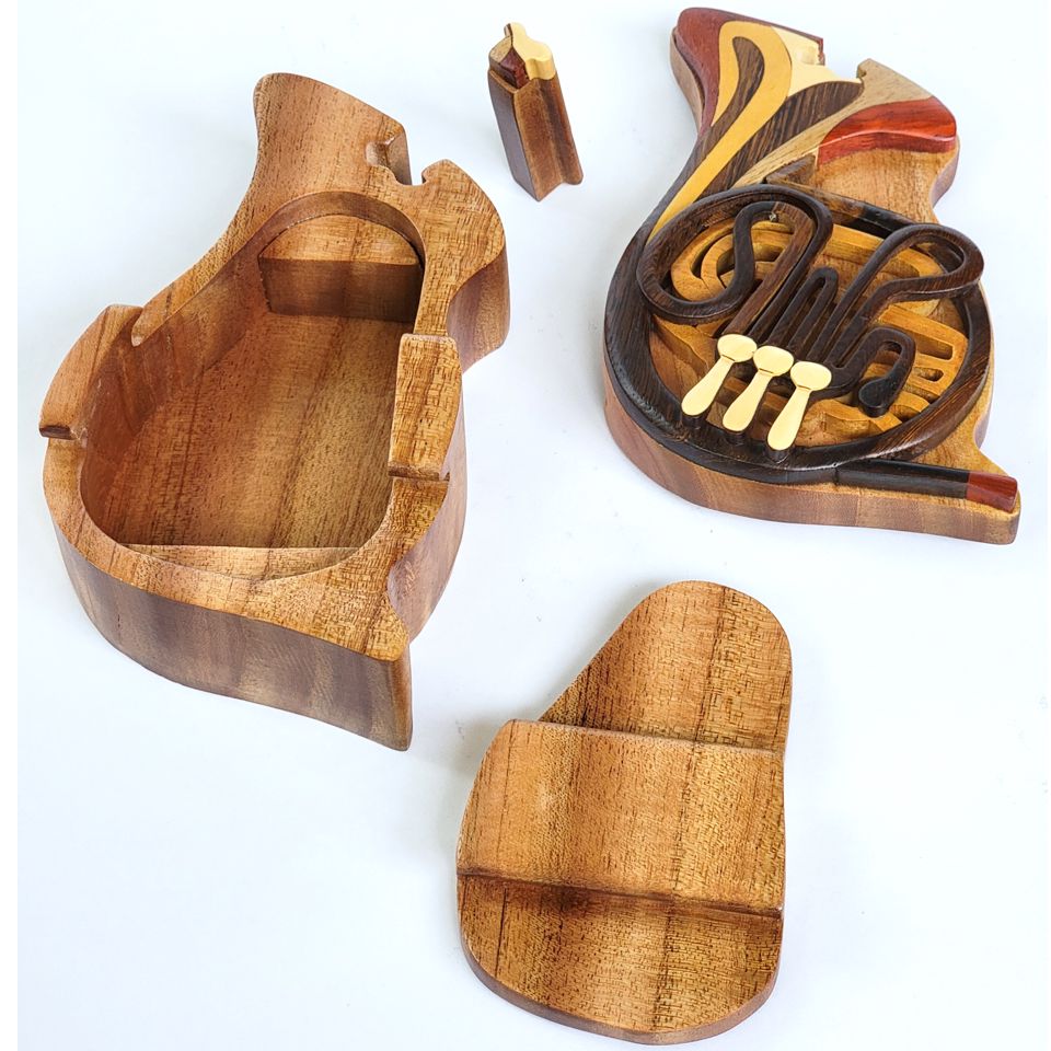 French Horn - Handcrafted Wooden Puzzle Box with Secret Compartment - All-Natural Intarsia Wood Art