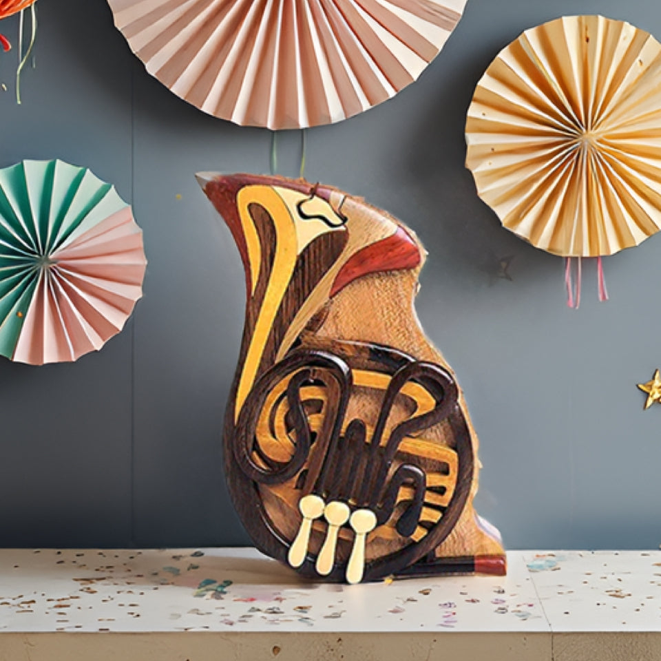 French Horn - Handcrafted Wooden Puzzle Box with Secret Compartment - All-Natural Intarsia Wood Art
