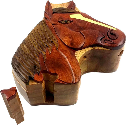 Handcrafted Intarsia Horse Puzzle Box – Wooden Secret Trinket Keepsake
