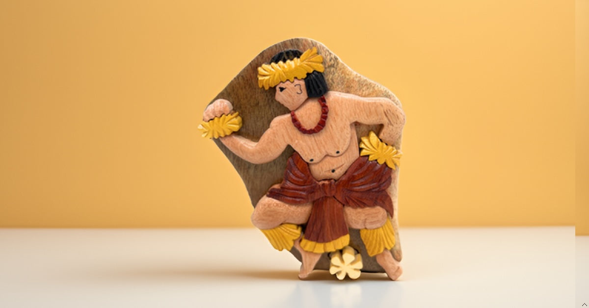 Handcrafted Wooden Puzzle Box – Hawaiian Hula Dancer Design, Secret Compartment Keepsake, Tropical Gift Décor