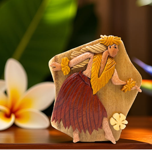 Hula Dancer Puzzle Box, Handcarved Intarsia Wood Secret Compartment Hawaiian Gift
