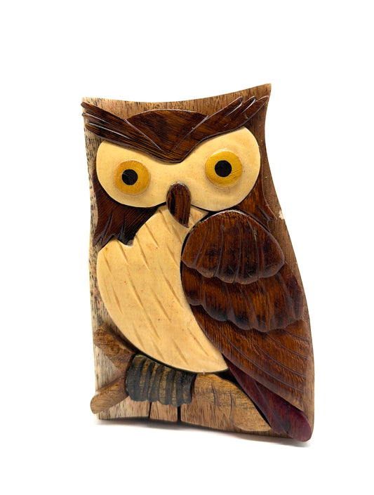 Wisdom Owl Intarsia Wooden Puzzle Box – Hand‑Carved Secret Compartment Keepsake – Unique Gift, Storage, Home Decor