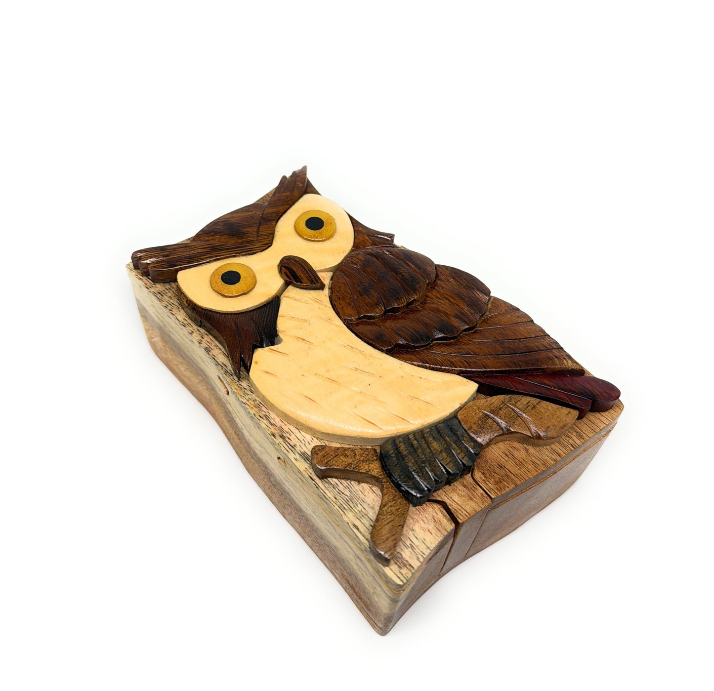 Wisdom Owl Intarsia Wooden Puzzle Box – Hand‑Carved Secret Compartment Keepsake – Unique Gift, Storage, Home Decor