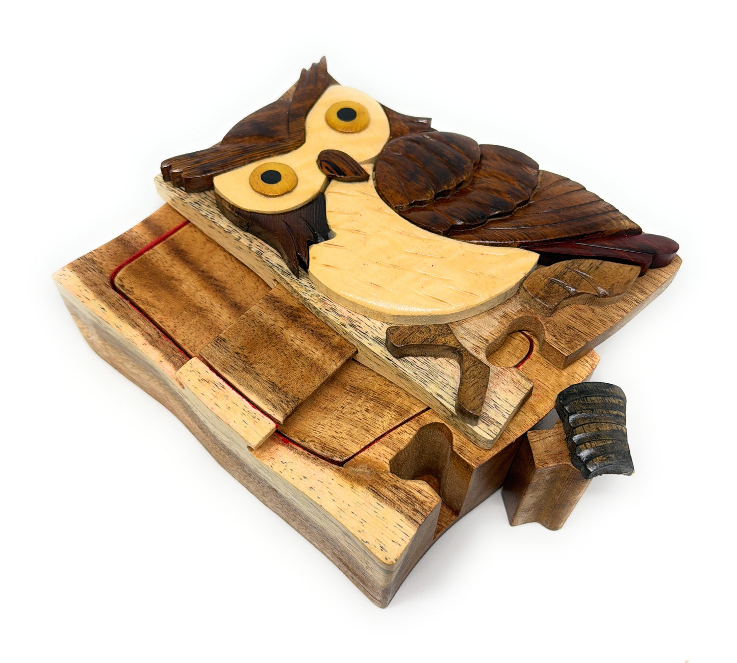 Wisdom Owl Intarsia Wooden Puzzle Box – Hand‑Carved Secret Compartment Keepsake – Unique Gift, Storage, Home Decor