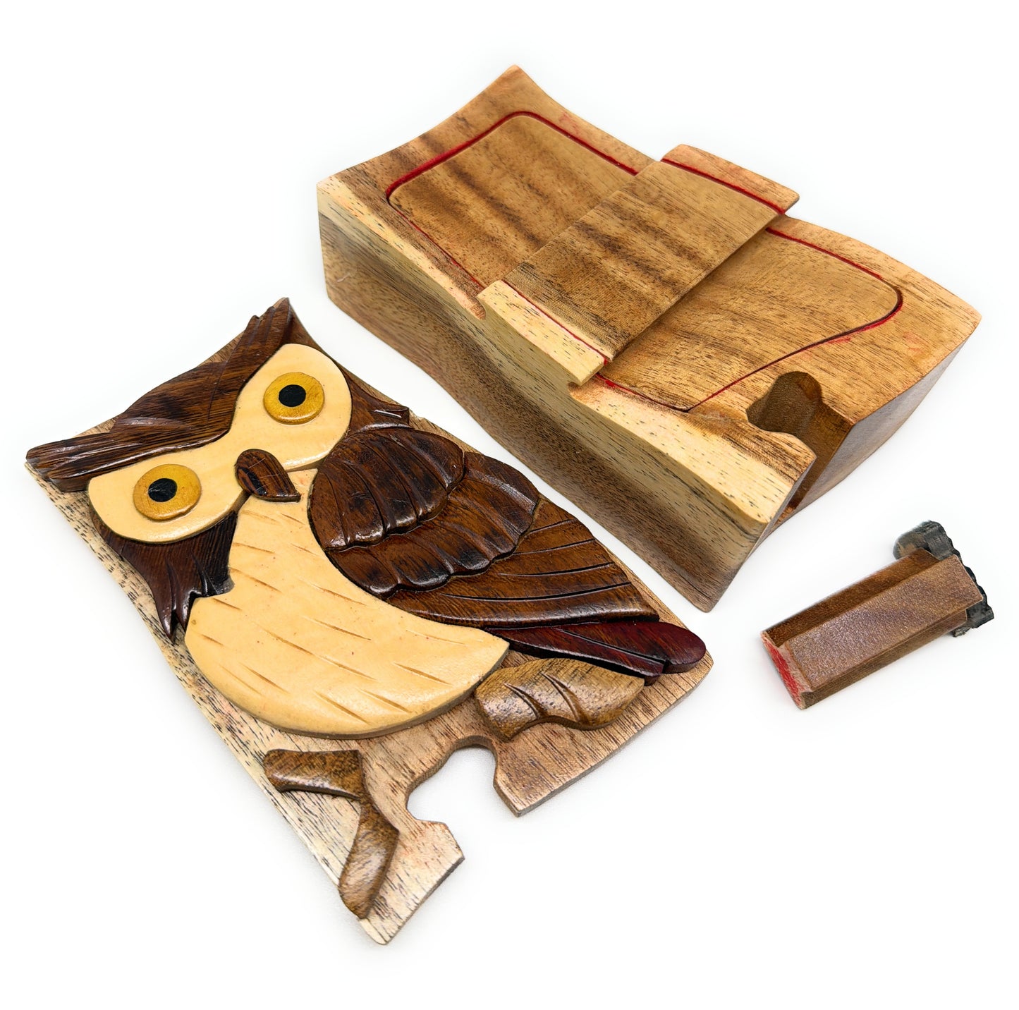 Wisdom Owl Intarsia Wooden Puzzle Box – Hand‑Carved Secret Compartment Keepsake – Unique Gift, Storage, Home Decor