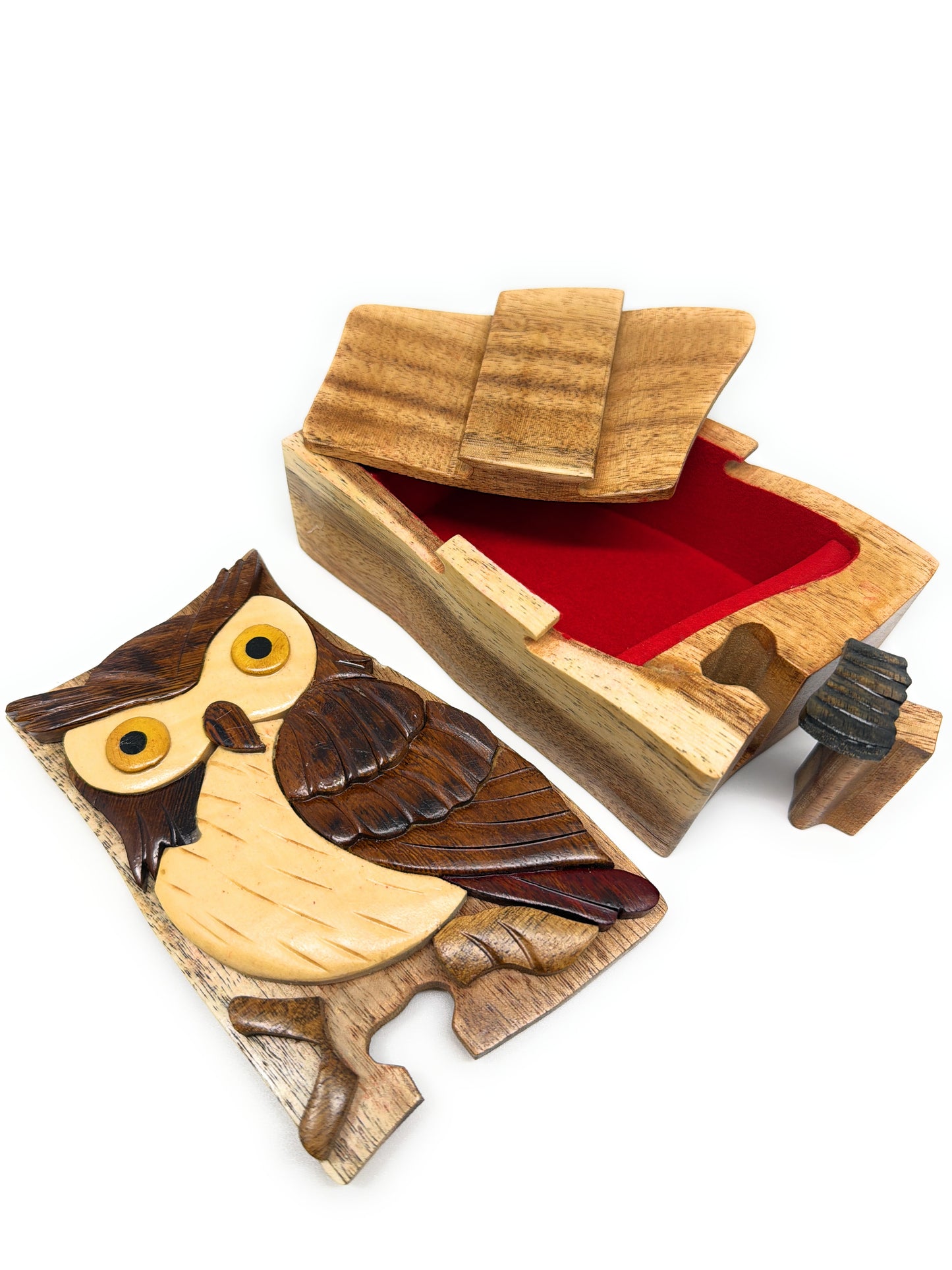 Wisdom Owl Intarsia Wooden Puzzle Box – Hand‑Carved Secret Compartment Keepsake – Unique Gift, Storage, Home Decor