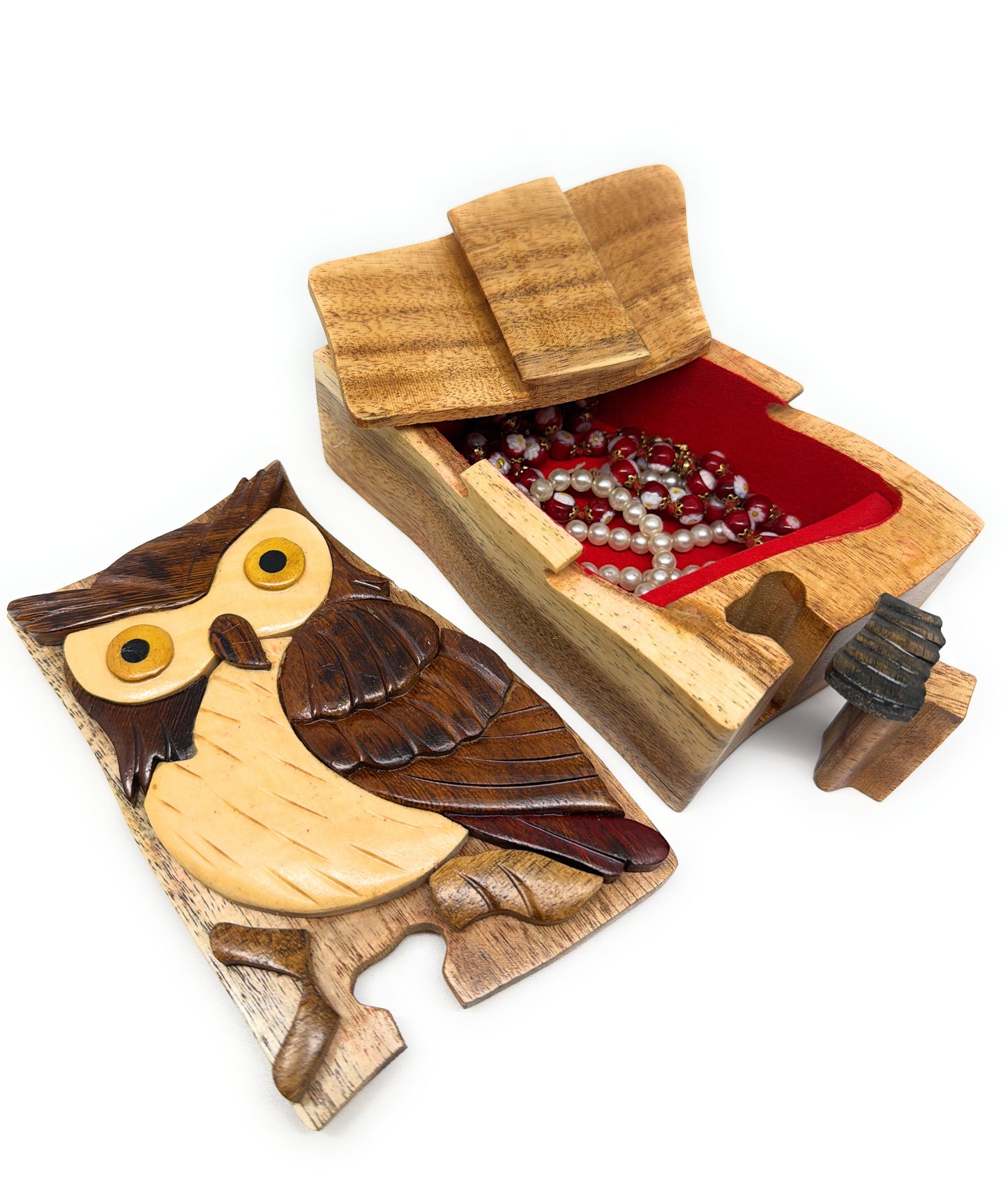 Wisdom Owl Intarsia Wooden Puzzle Box – Hand‑Carved Secret Compartment Keepsake – Unique Gift, Storage, Home Decor