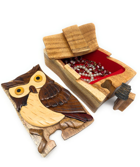 Wisdom Owl Intarsia Wooden Puzzle Box – Hand‑Carved Secret Compartment Keepsake – Unique Gift, Storage, Home Decor