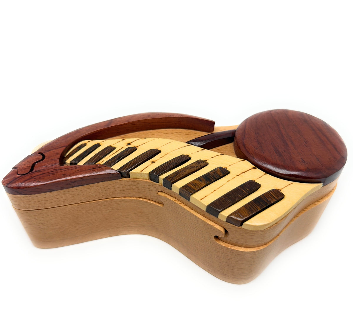 Musical Keyboard Intarsia Puzzle Box — Handcrafted Natural Wood Keepsake with Secret Compartment