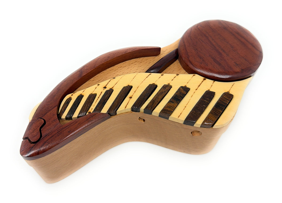 Musical Keyboard Intarsia Puzzle Box — Handcrafted Natural Wood Keepsake with Secret Compartment