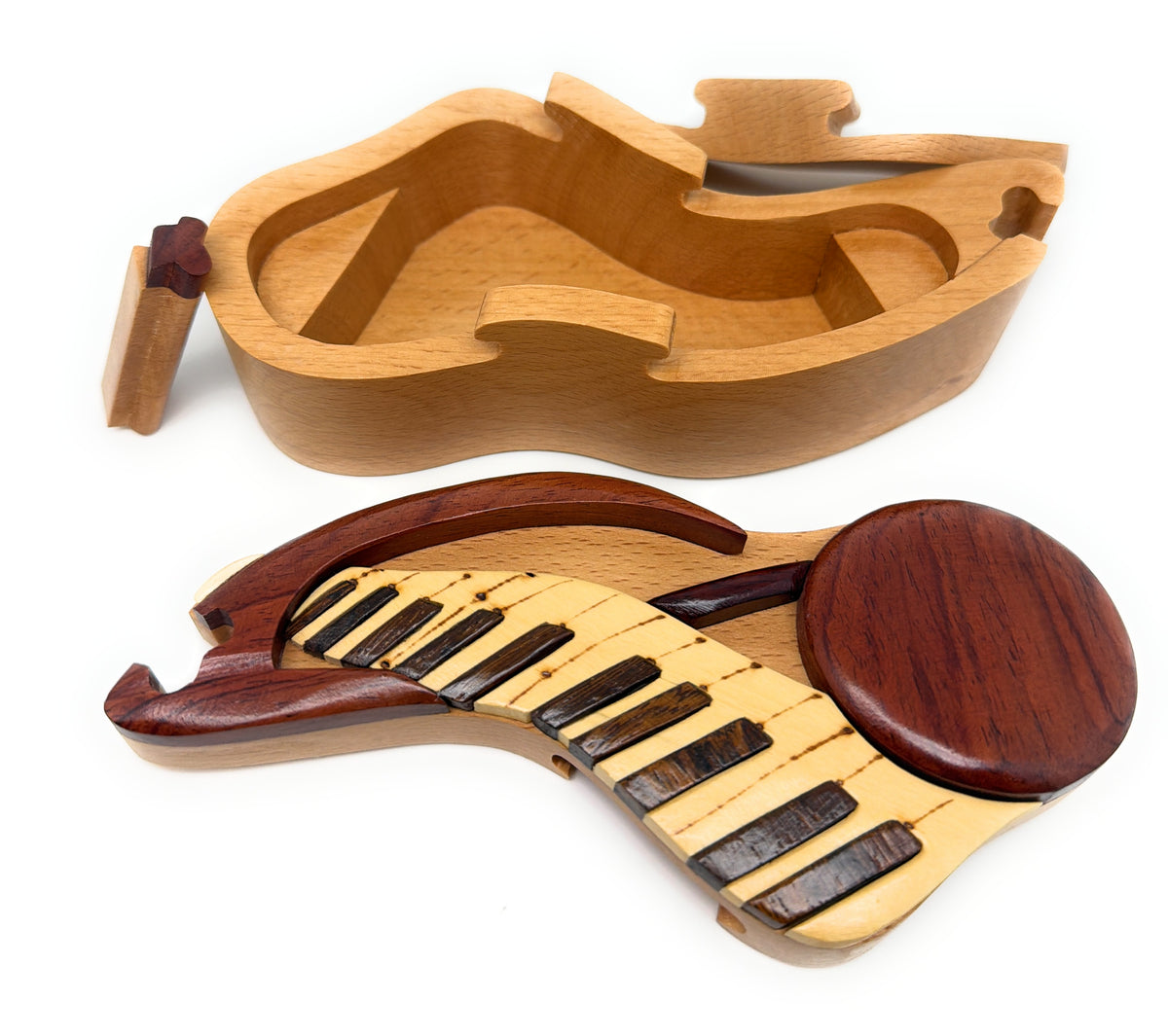 Musical Keyboard Intarsia Puzzle Box — Handcrafted Natural Wood Keepsake with Secret Compartment