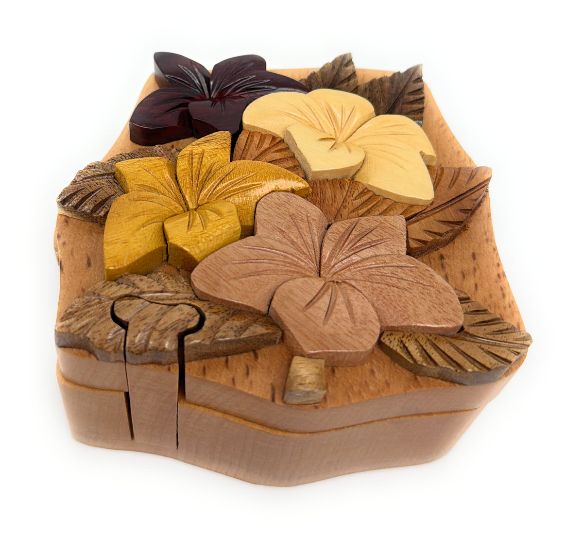 Hibiscus Flower, Handcrafted Wooden Puzzle Box, Secret Compartment Intarsia Wood Art