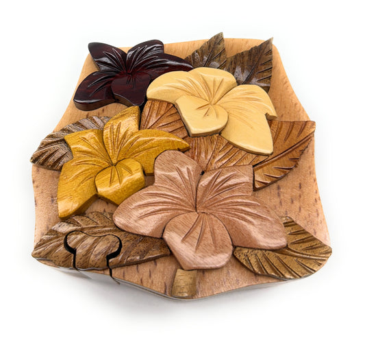 Hibiscus Flower, Handcrafted Wooden Puzzle Box, Secret Compartment Intarsia Wood Art