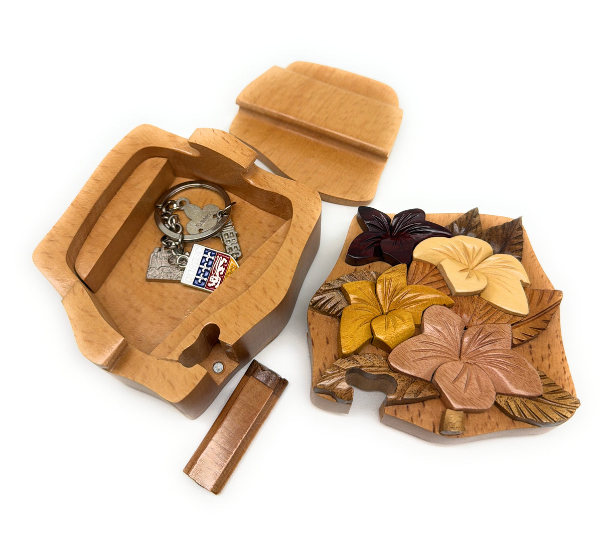 Hibiscus Flower, Handcrafted Wooden Puzzle Box, Secret Compartment Intarsia Wood Art