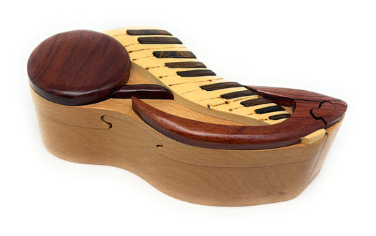 Musical Keyboard Intarsia Puzzle Box — Handcrafted Natural Wood Keepsake with Secret Compartment