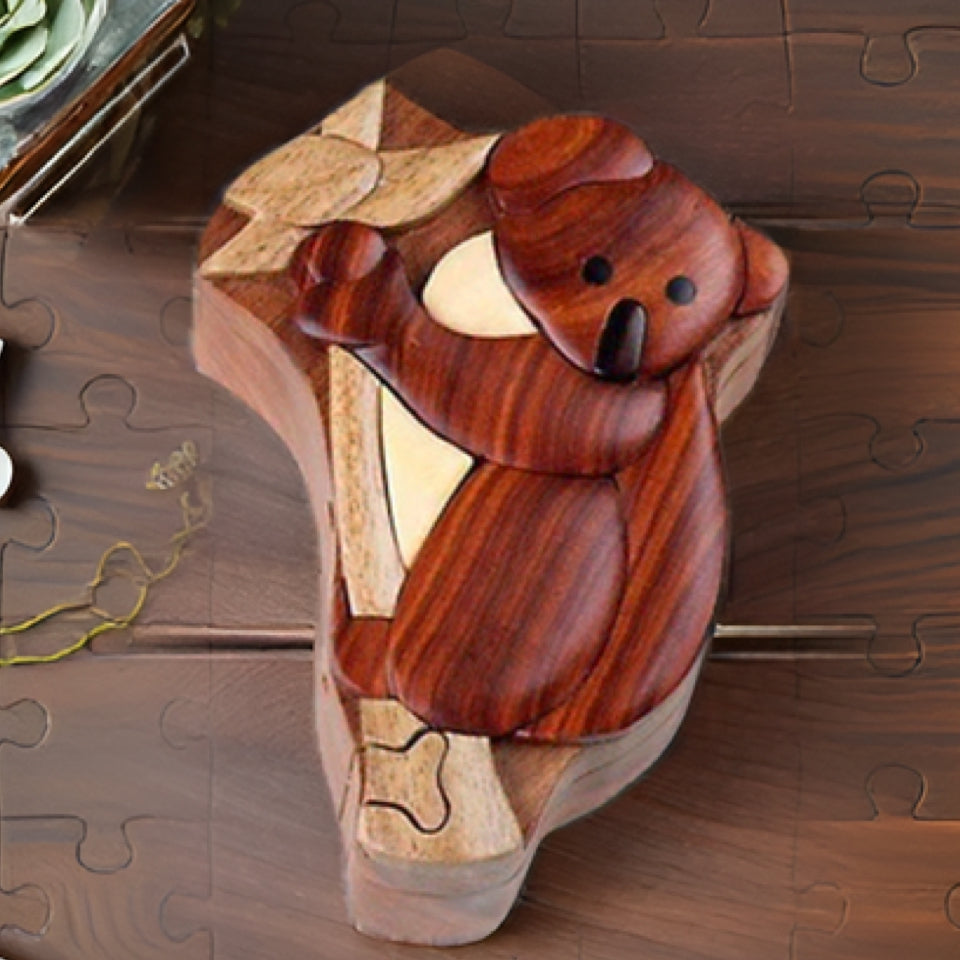 Koala Bear, Handcrafted Wood Intarsia Puzzle Box with Secret Compartment